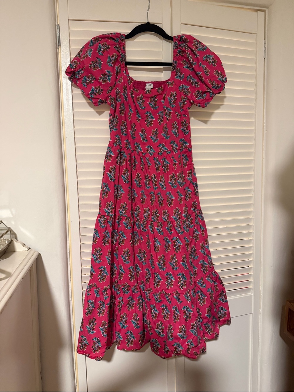 Pink jcrew factory Floral Puff-Sleeve Midi Dress